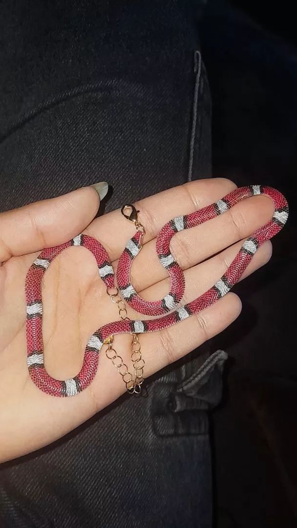 Colar Cobra Coral na mão, com o fecho e a corrente de ajuste